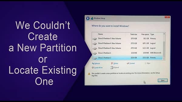 مشكلة we couldn't create a new partition or locate an existing one